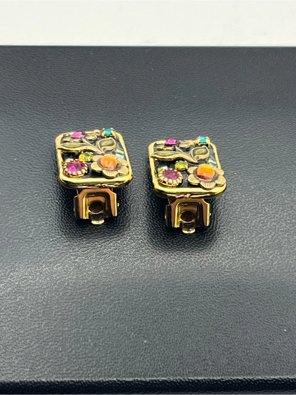 Michal Golan Midnight Garden enamel rhinestone rectangle clip on earrings flower